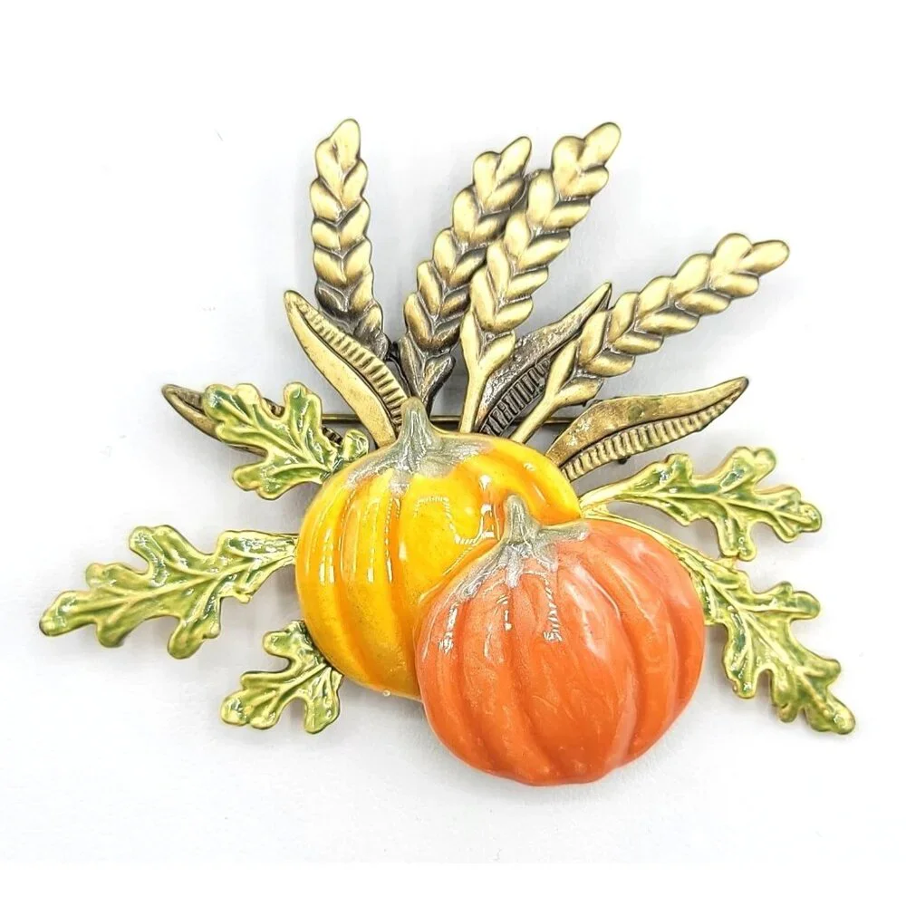 Kenneth Cole Pumpkin Leaves Orange Yellow Green Enamel Brooch, Signed